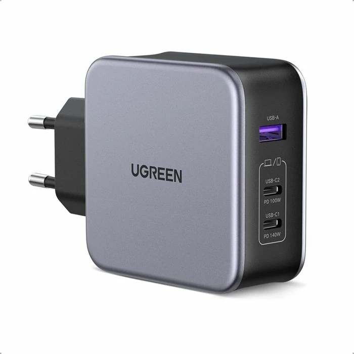Karikues USB-C UGREEN Nexode 90549, 140W, 3 porta (2x USB-C + USB-A), PD 3.1 GaN, me kabllo USB-C 240W 1.5m, gri/e zezë