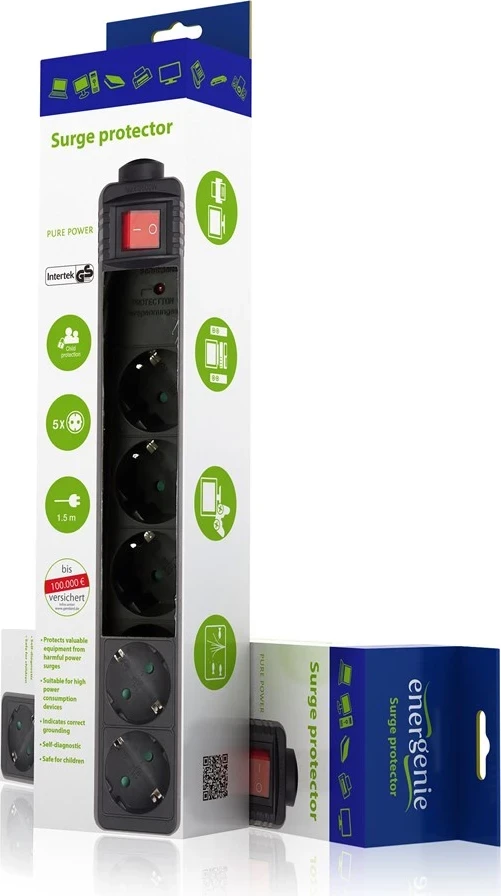 Mbrojtës nga rrymat e tepërta EnerGenie SPG5-C-15, me 5 dalje AC, 250 V, i zi