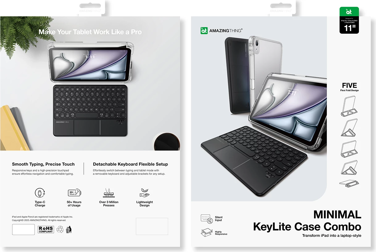 Mbështjellës me tastierë Bluetooth, AmazingThing, Minimal Case KeyLite Combo, për iPad Air 13" M3 (2025), touchpad, kënde të rregullueshme, e zezë