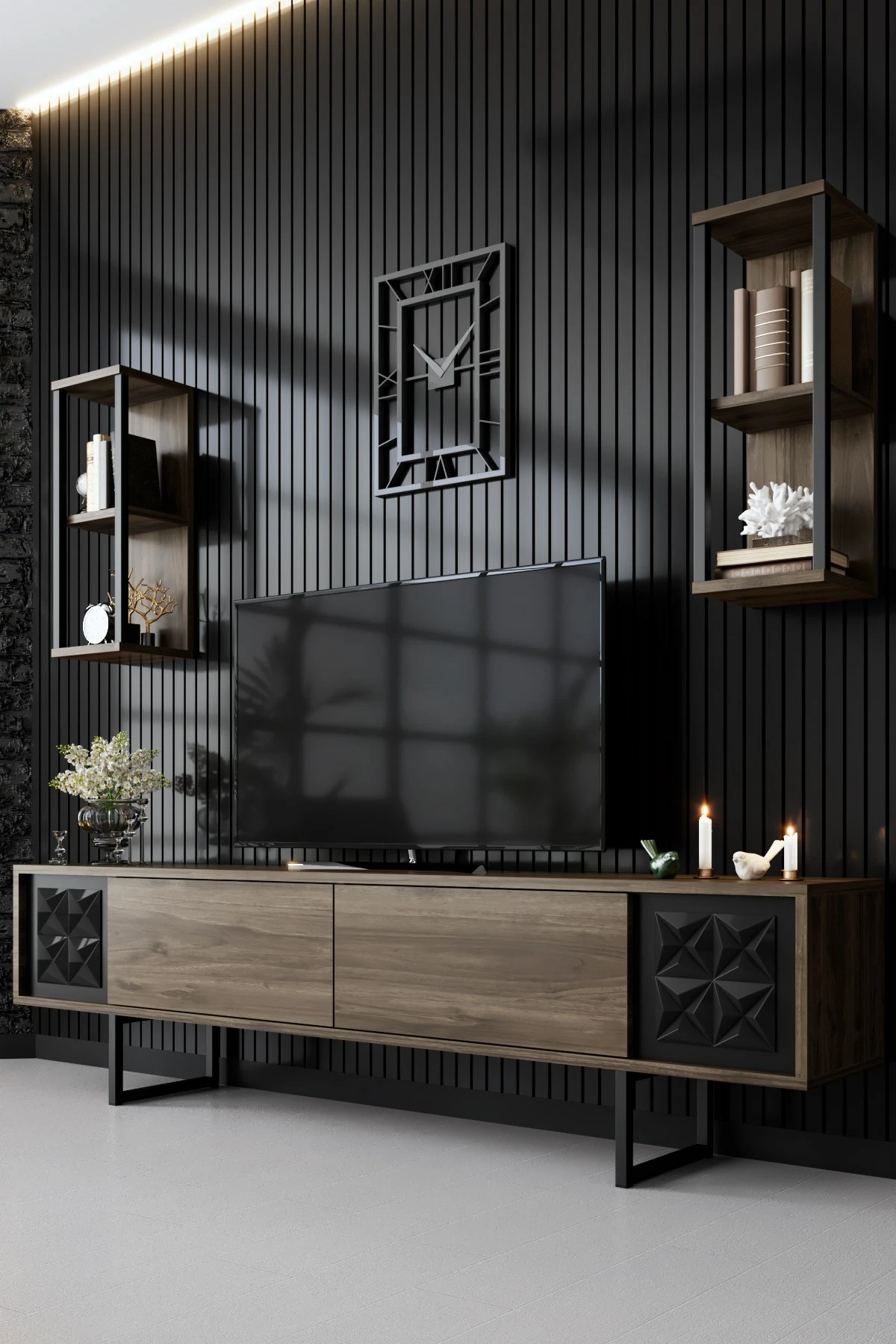 Njësi TV Hanah Home, vijë e zezë, ngjyrë arre, e zezë