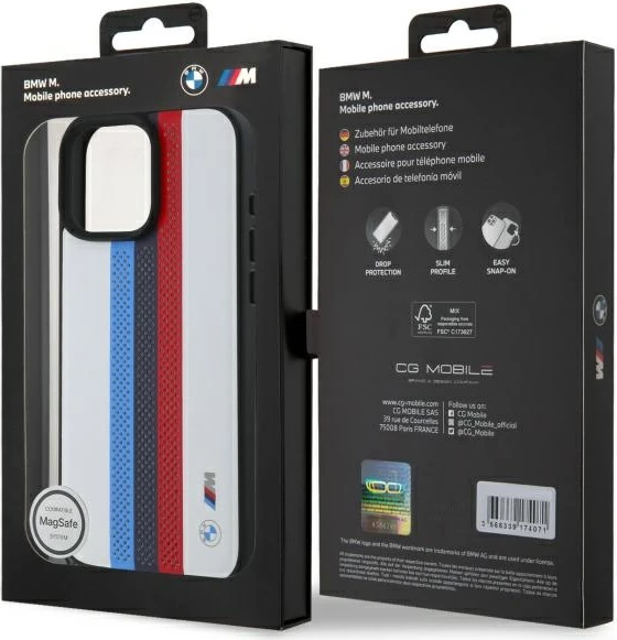 Mbështjellës BMW M Performance Tricolor Stripes për iPhone 16 Pro Max, MagSafe, i bardhë