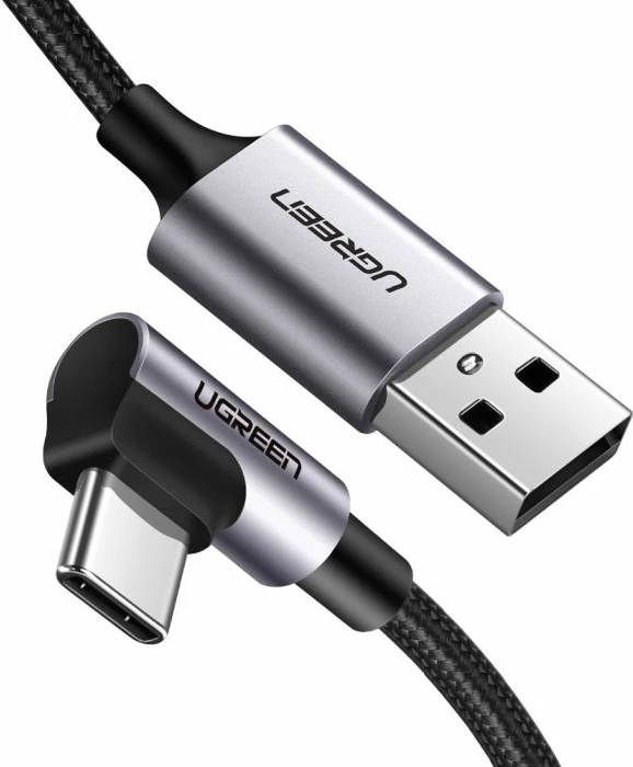Kabllo USB-A 2.0 në USB-C me kënd UGREEN 50941 1 m, QC 3A, Polybag, e zezë/gri