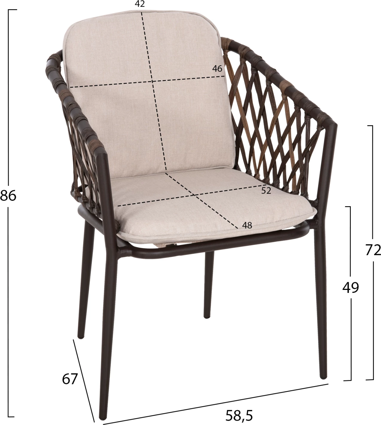 Karrige alumini BOLLY FH6080, kornizë kafe-sintetik ratan, jastëkë kafe-bezhë, 58.5x67x86H cm, set prej 4 copë