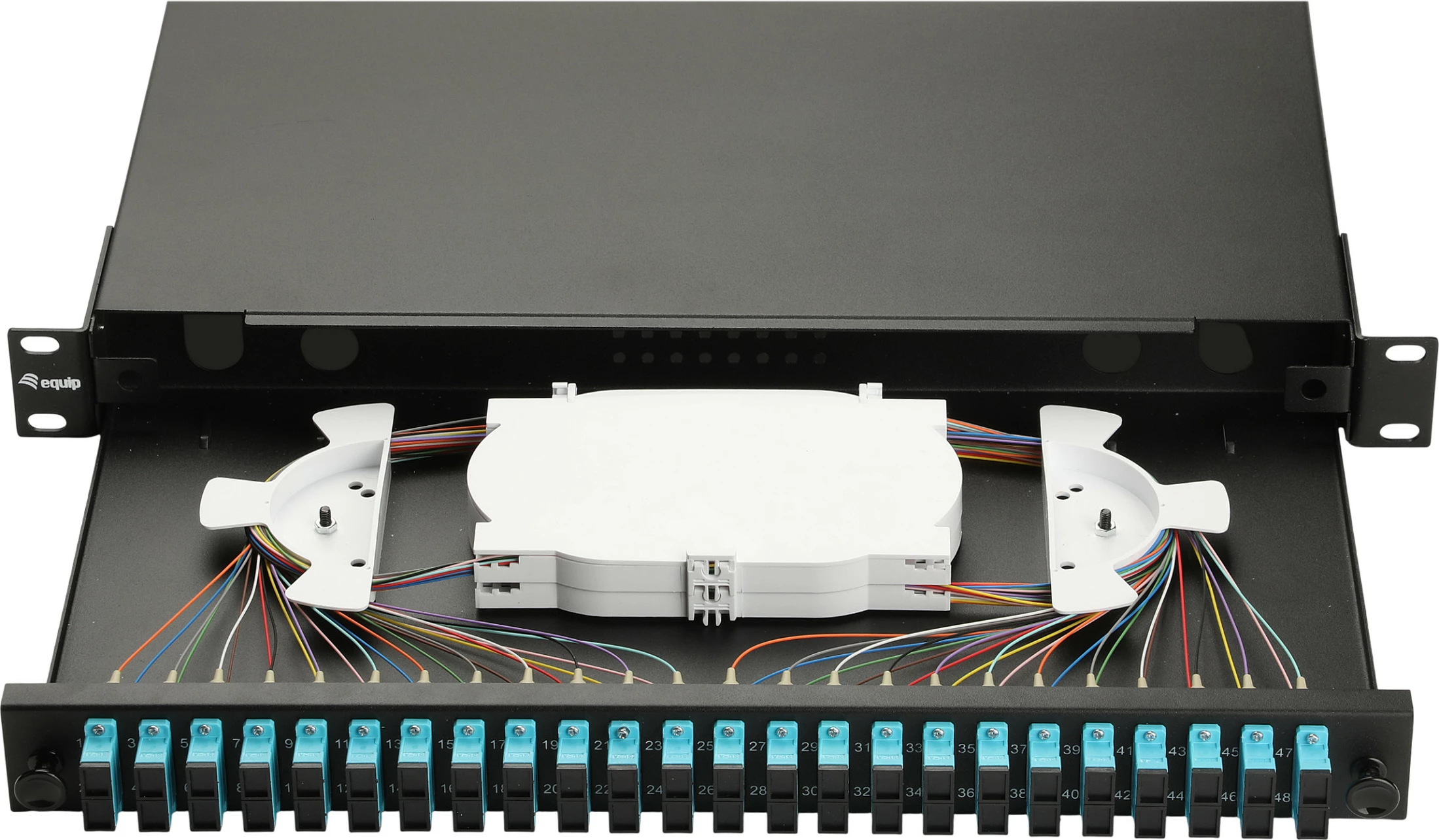 Kuti spajsi fibra optike EQUIP 337312, 24-port, SC Duplex, OM3, 1U Rack, e zezë