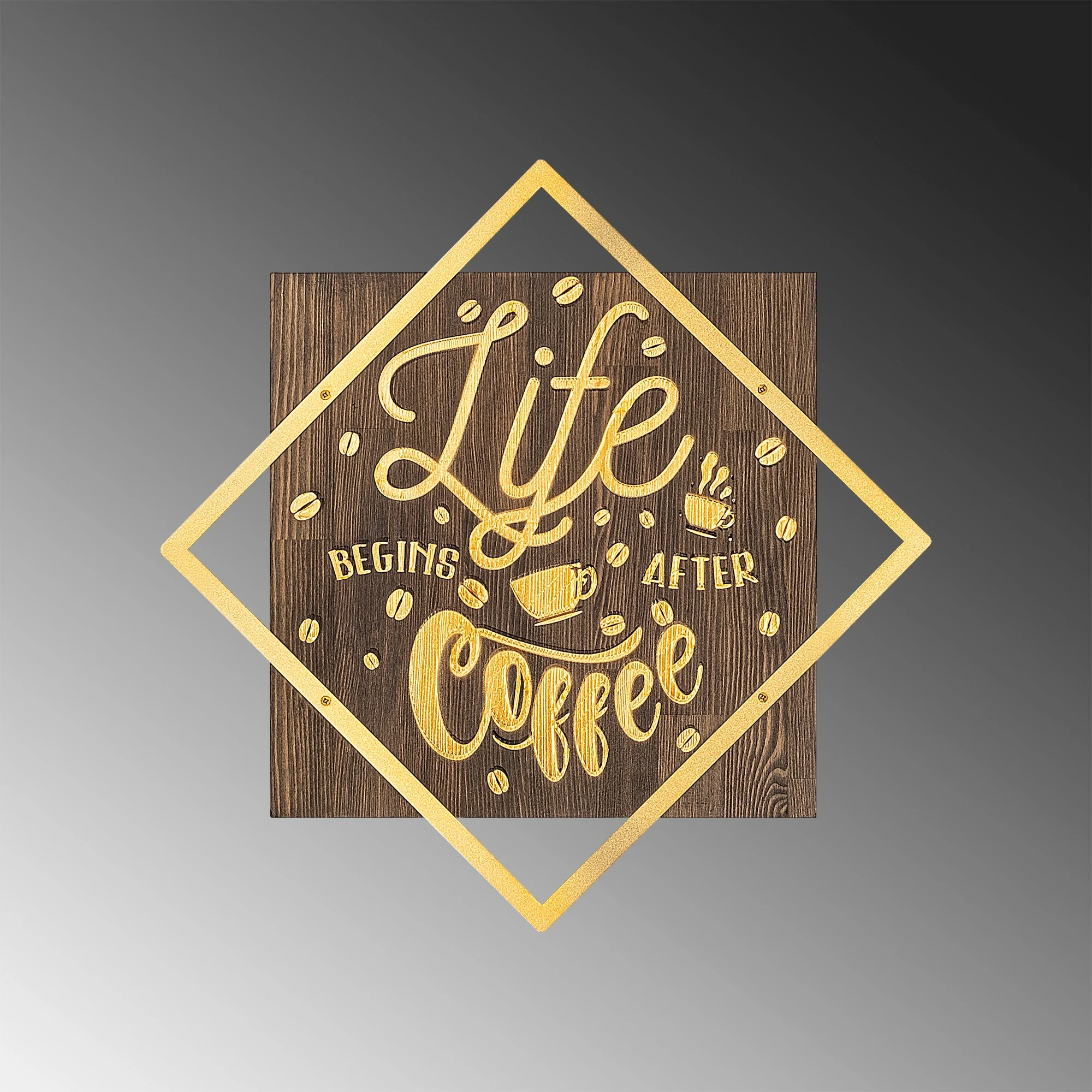 Aksesor dekorativ për mur, dru arre dhe ar, Wallity, Life Begins After Coffee