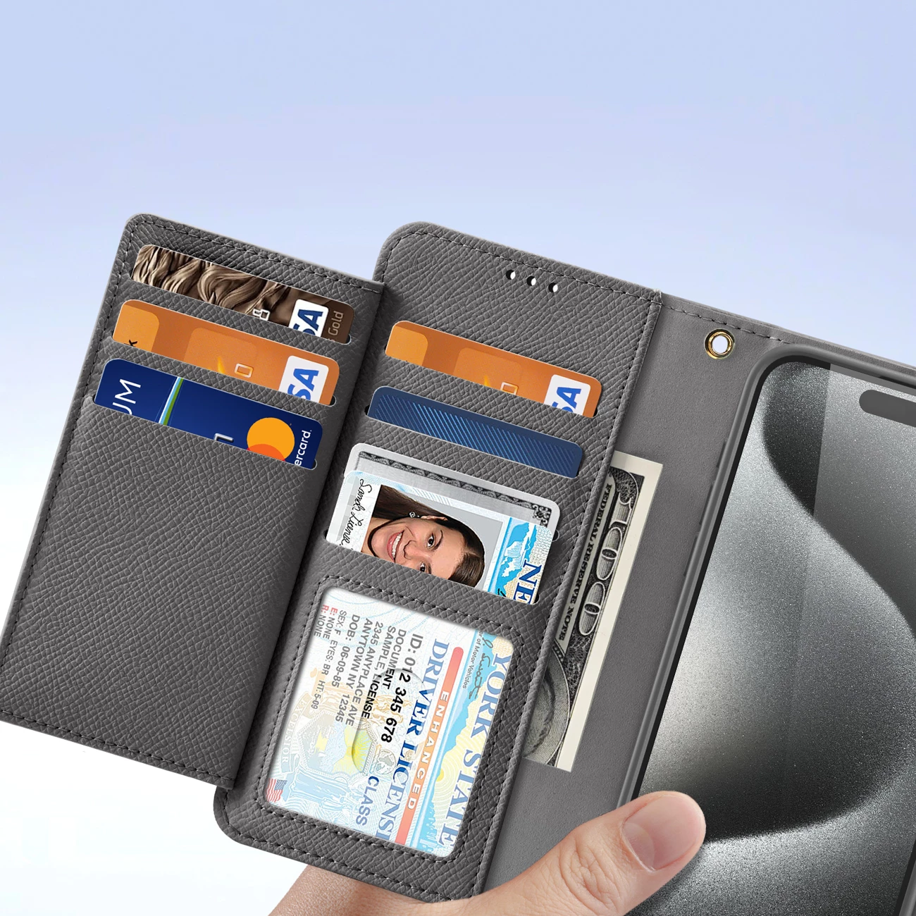 Mbështjellës Dux Ducis Lawa për iPhone 15 Pro, lëkurë, me portofol magnetik, Gri