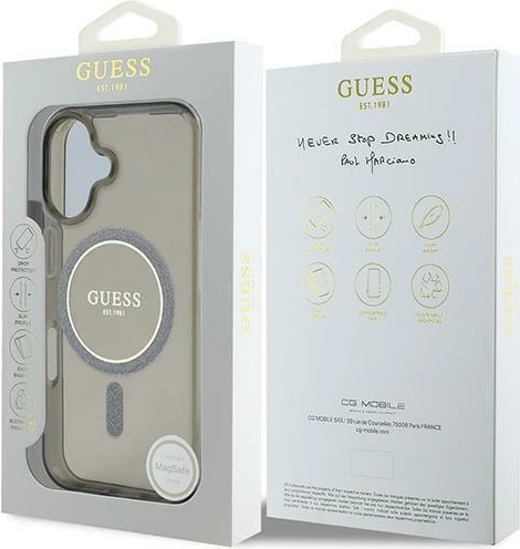 Mbështjellës Guess IML Glitter Circle MagSafe për iPhone 16, i zi