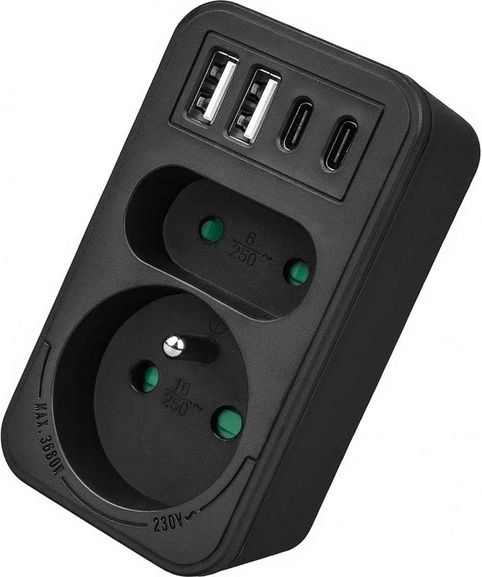 Shpërndarës prizë Maclean MCE249 F/B, 1x Schuko + 1x Euro, 2x USB-A 18W, 2x USB-C PD 20W, e zezë
