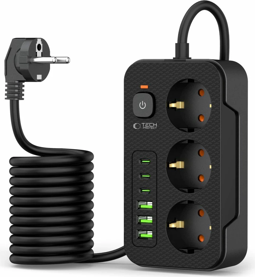 Prizë shumëfunksionale Tech-Protect PC3X6 me 3 shtekerë, 3xUSB-A, 3xUSB-C, 200cm, e zezë