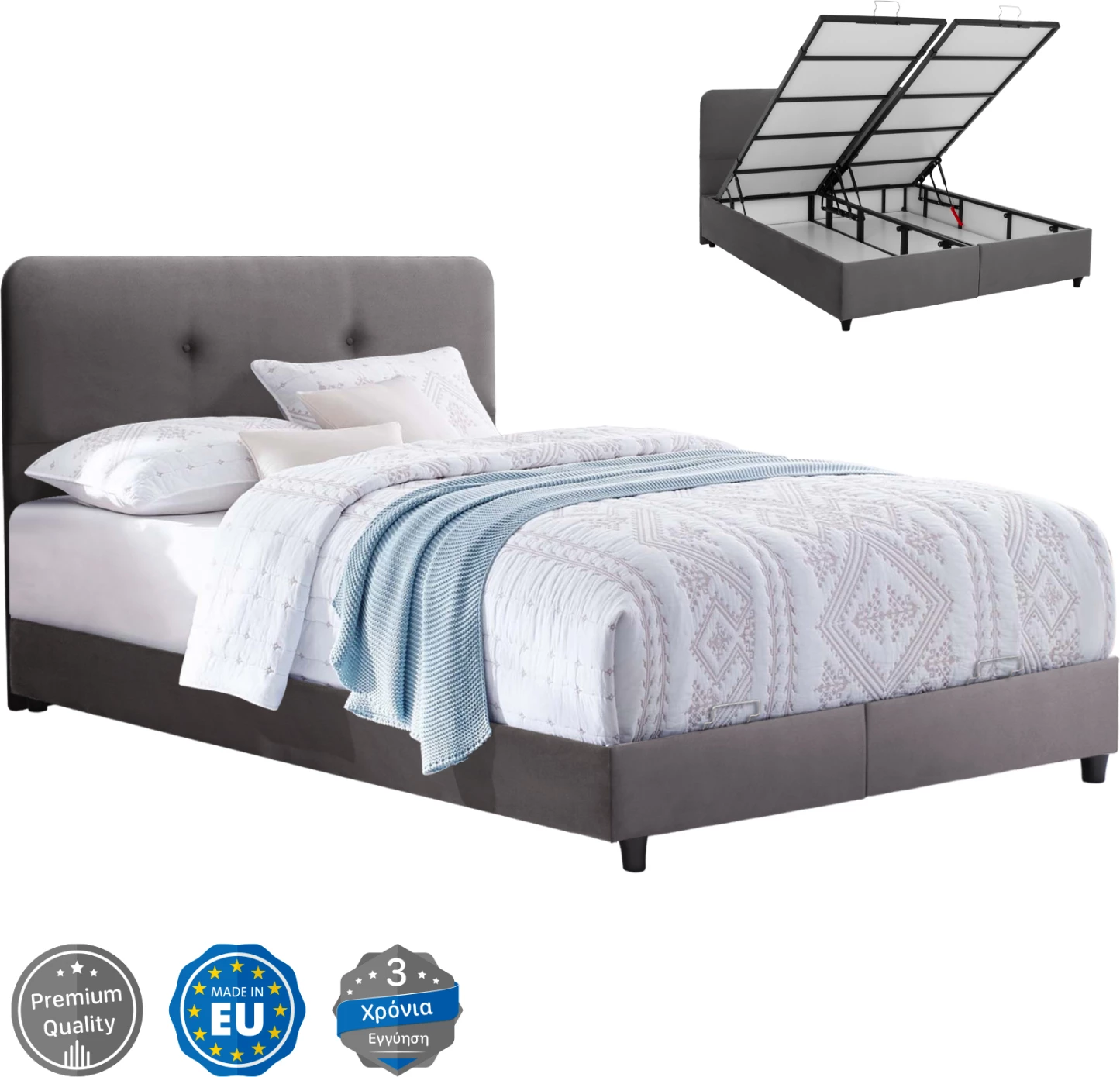 Krevet DOLORES, me hapësirë ruajtëse, kadife gri, 160x200