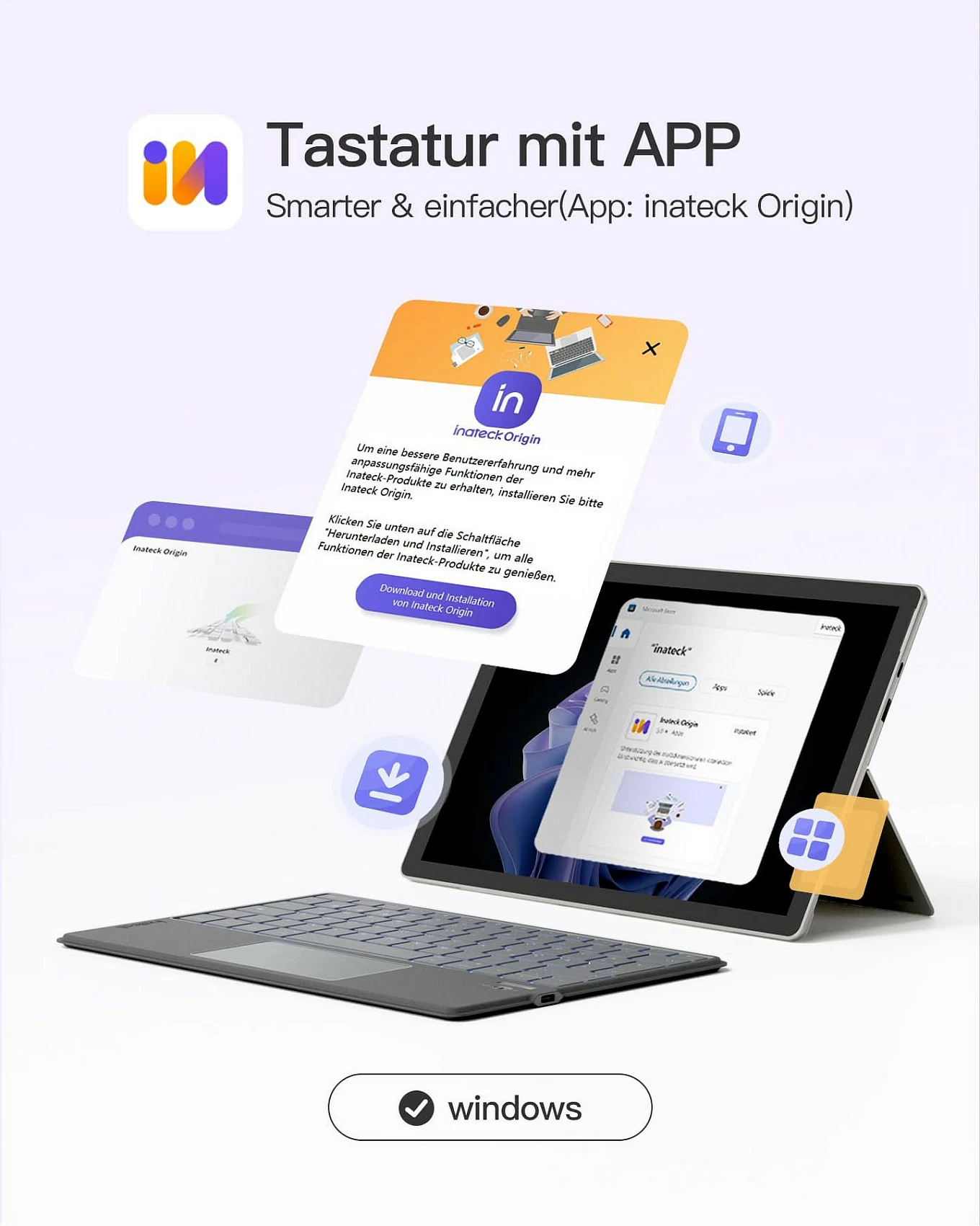 Tastierë Inateck për Surface Go 1-4, QWERTZ, me touchpad, gri
