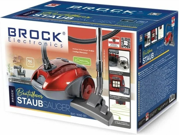 Fshesë me korrent Brock BVC 9000 RD, 700W, 1.5L, pa qese (qese tekstili e larshme), e kuqe/gri