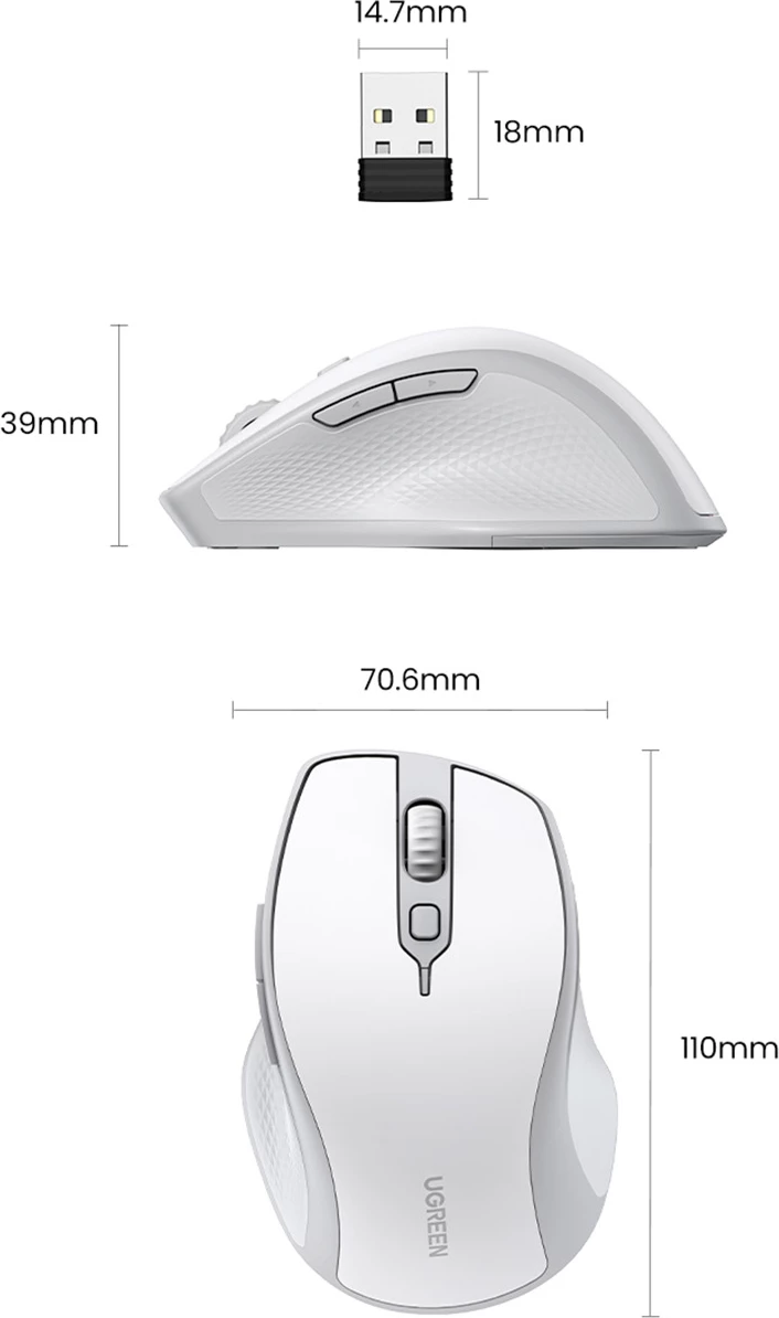 Maus wireless Ugreen MU101, Bluetooth/2.4 GHz, 5 butona, i bardhë