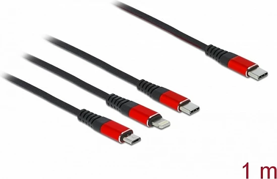 Kabllo karikimi DeLOCK 3-në-1 USB-C në Lightning/Micro-USB/USB-C, 1 m, 3A, e zezë/kuqe