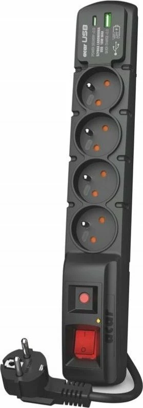Zgjatues rryme me mbrojtje nga tensionet Acar F4, 4 priza, 1.5 m, USB-A + USB-C 18W, i zi