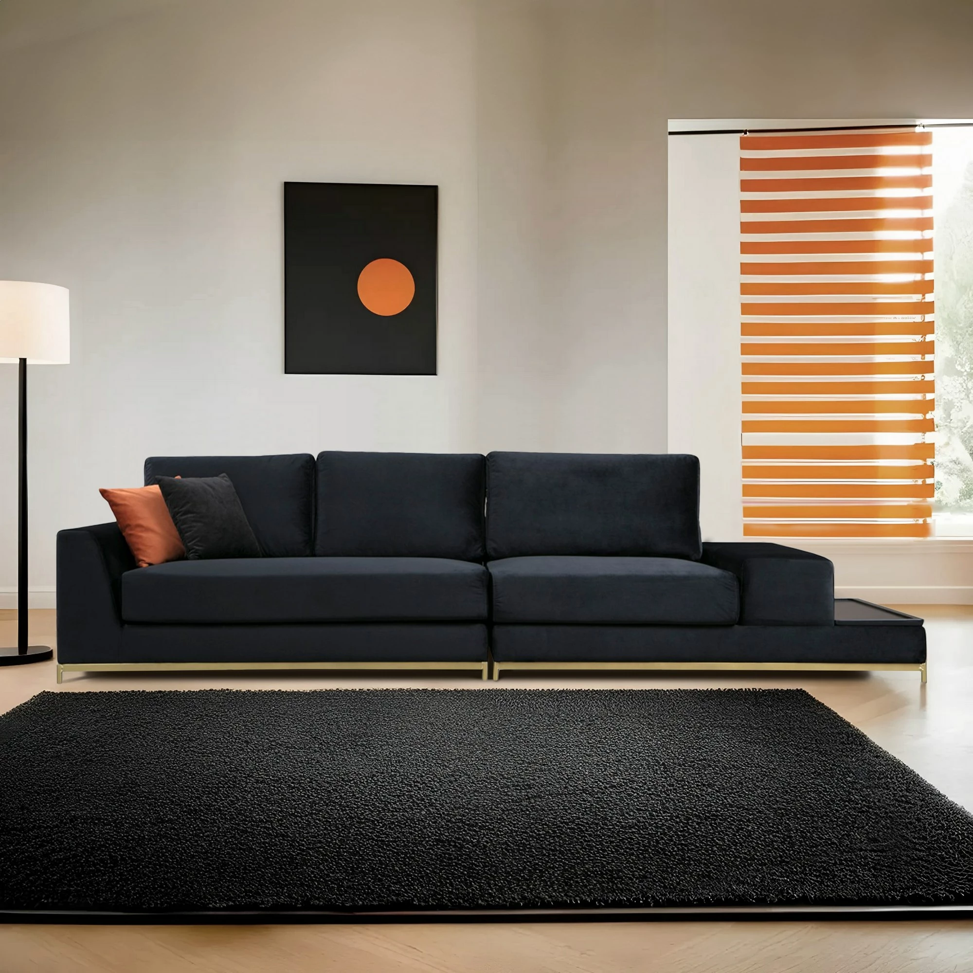 Divan katër vendesh Atelier del Sofa, me tavolinë anësore, ngjyrë e zezë, detaje ari