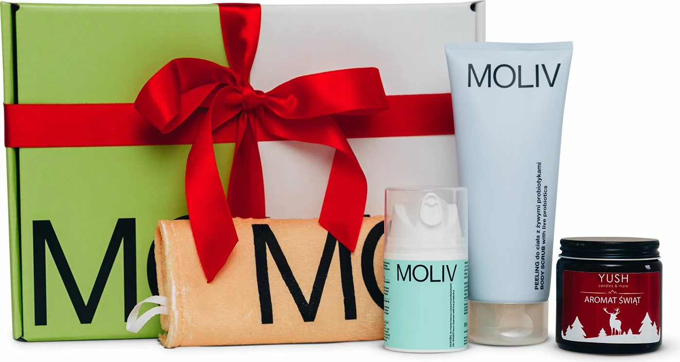 Set kujdesi MOLIV ME TIME Christmas, OleoGel 50 ml + skrab trupi 200 ml + peshqir fytyre 36x36 cm + qiri soje 120 ml, 4 copë