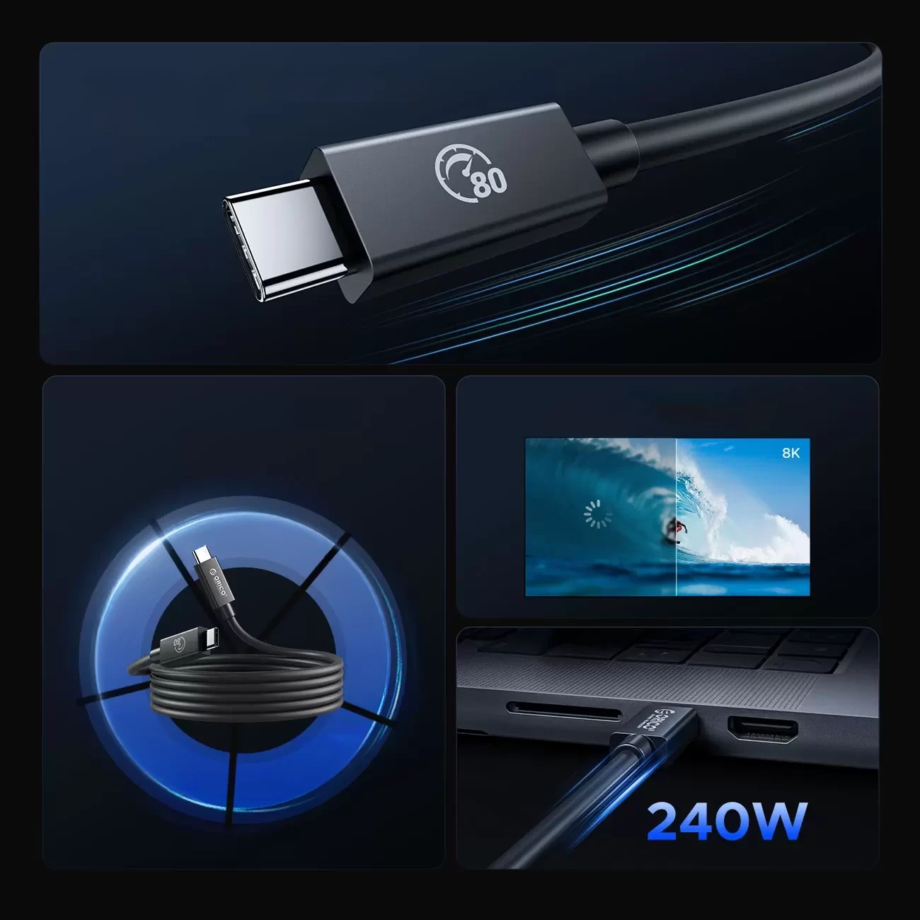 Kabllo USB-C në USB-C, Orico TBZ5-20-BK, Thunderbolt 5/USB4 80Gbps, PD 240W, 2m, DisplayPort 2.1, e zezë