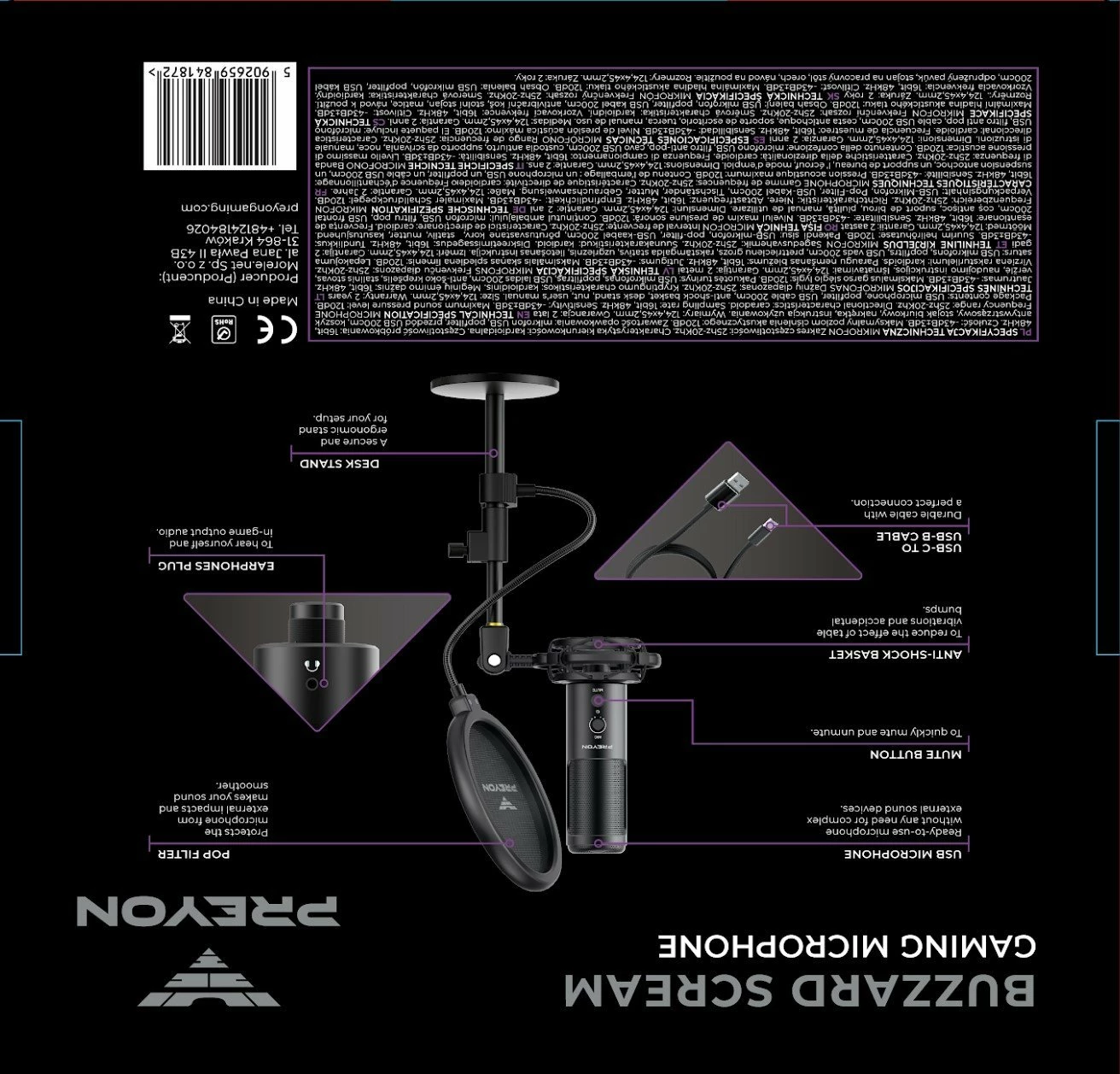 Mikrofon PREYON Buzzard Scream PBS43B, USB-C/3.5mm, kardioid, me stand dhe pop filter, i zi