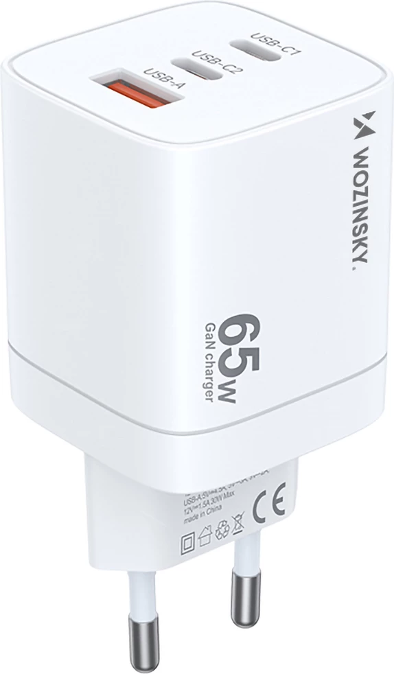 Karikues muri Wozinsky CGWCW, 65W, 2x USB-C, 1x USB-A, GaN, i bardhë