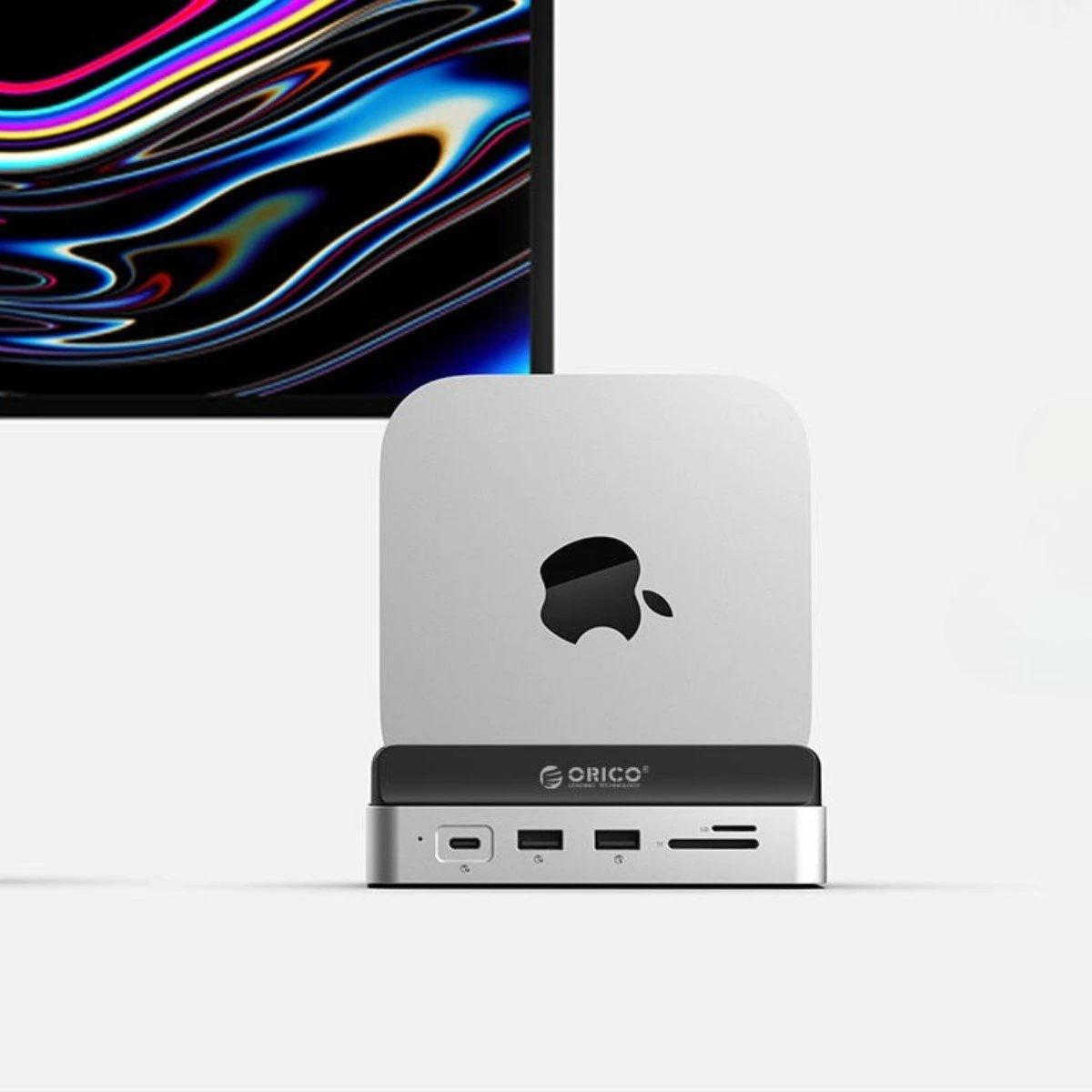 Docking station Orico MiniDock për Mac Mini M4, USB-C 10Gbps, me strehë M.2 NVMe/NGFF, HDMI 4K@60Hz, LAN, SD/microSD, PD 100W, vertikale, silver