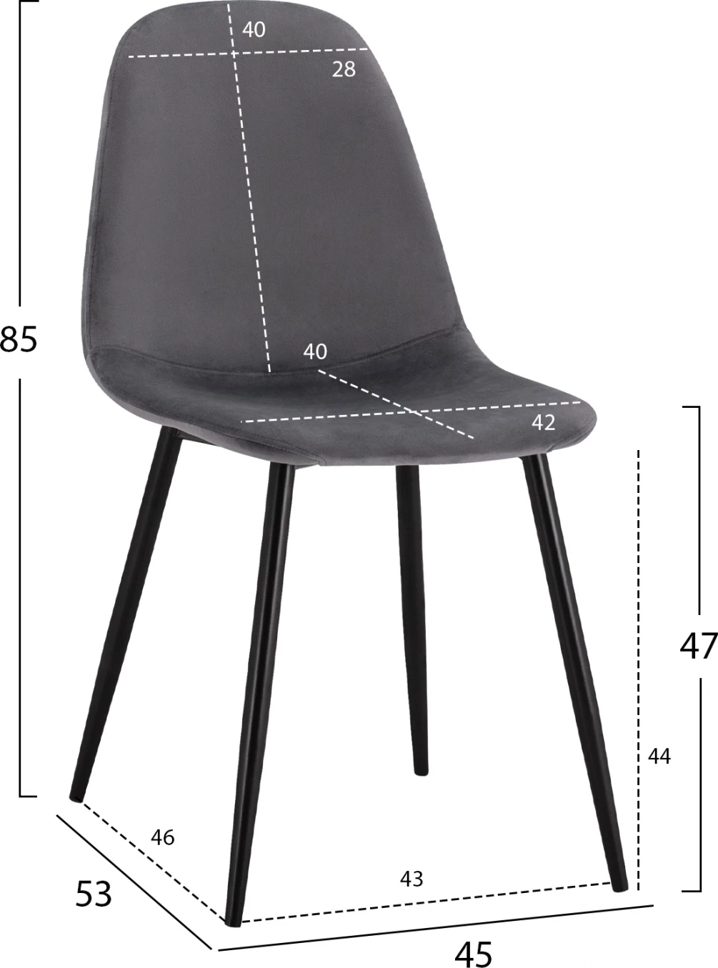 Karrige ngrënieje Leonardo kadife gri me këmbë metalike FH00100.01 45x53x85 cm., set prej 4 copë