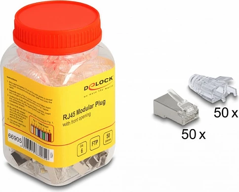 Konektor RJ45 DeLOCK 66905, Cat6 FTP, për kabllo AWG23, me mbrojtës këndi, 50 copë, transparent/metalike