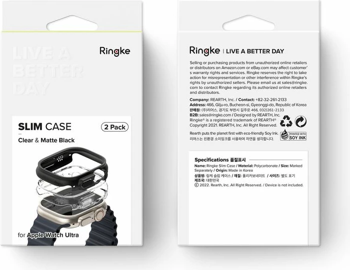 Mbështjellës Ringke Slim për Apple Watch Ultra 1/2 (49mm), 2 copë, Transparent dhe Mat Zi