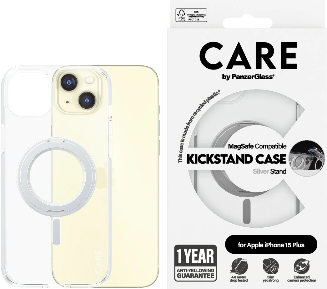 Mbështjellës PanzerGlass CARE Case me Kickstand & MagSafe për iPhone 15 Plus, transparent