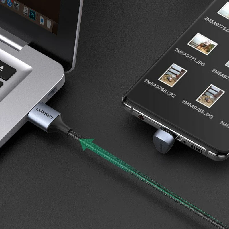 Kabllo Ugreen USB në USB Type-C, 2m, 3A, 18W, kënd 180°, Gri