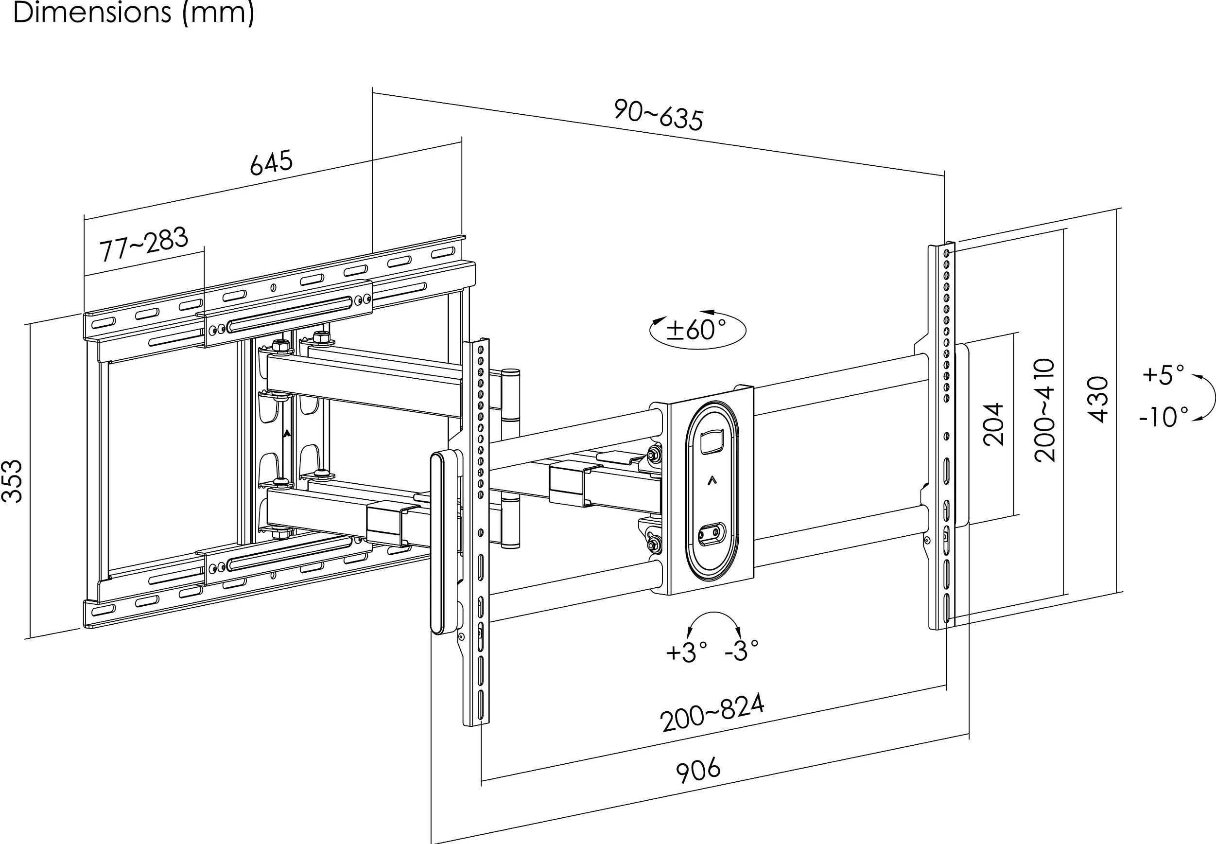 Mbajtëse muri për TV EQUIP, 43"-100", 1 ekran, e lëvizshme (2 nyje), VESA deri 800x400, 60 kg, e zezë