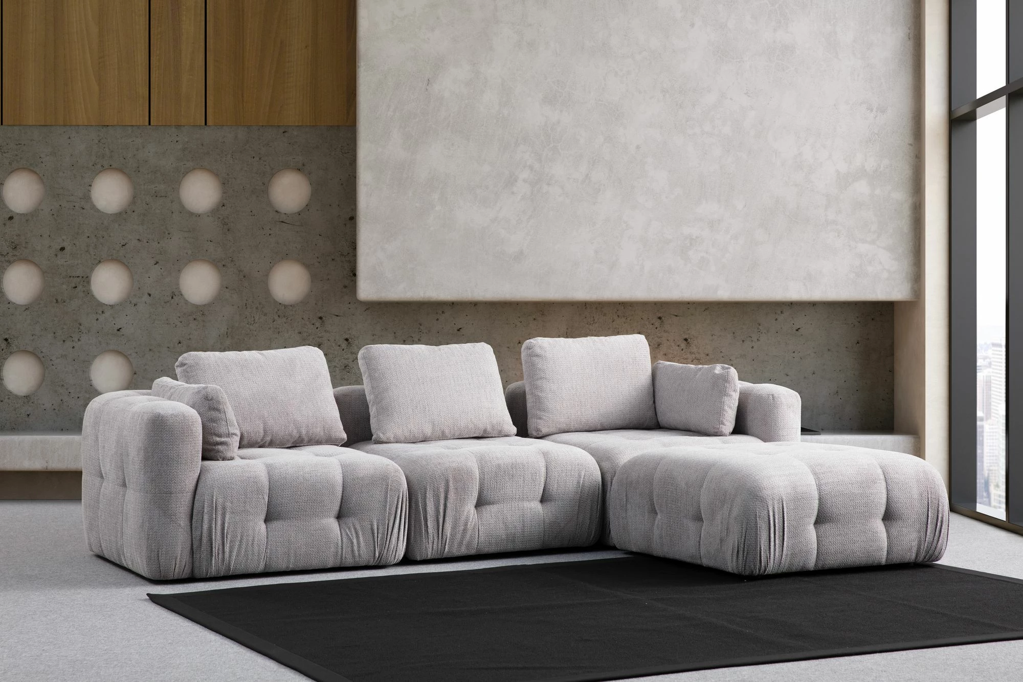 Këndare Amaris, 3 vende me pouffe, ngjyrë gri e çelët