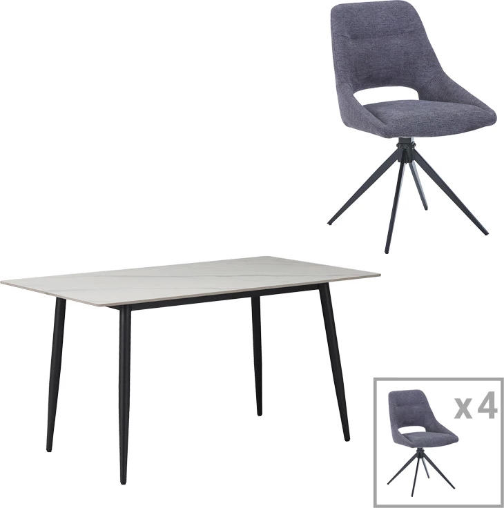 Set tavoline me karrige Gustas-Luciano I, gur i sinterizuar mermeri i bardhë, material kadife, 5 copë, 120x60x75cm