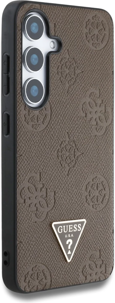 Mbështjellës Guess Grained Hot Stamp Peony Pattern Triangle Logo MagSafe për Samsung Galaxy S25, Kafe