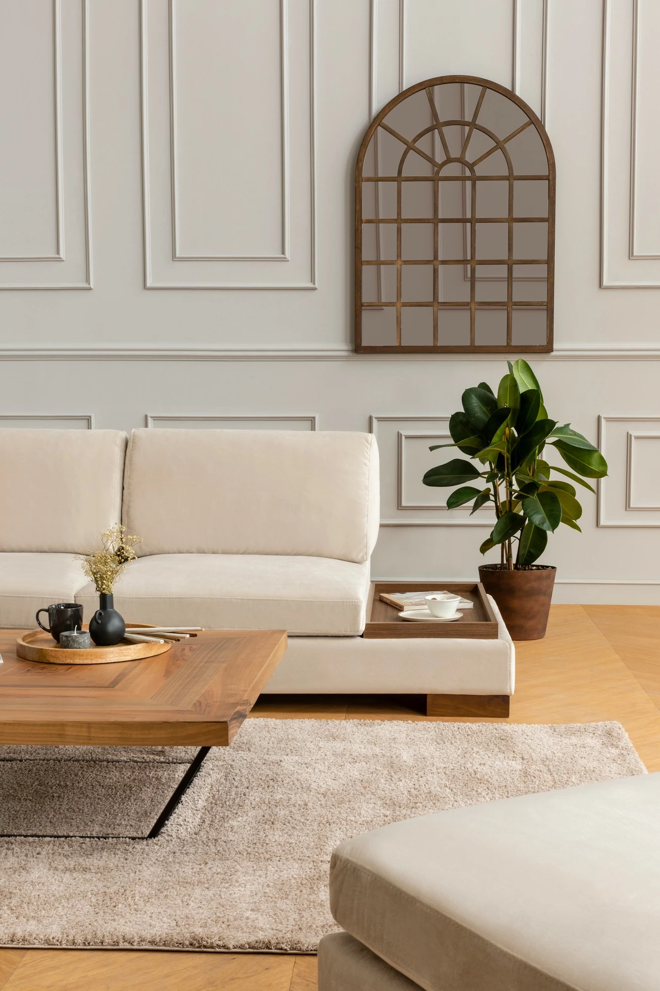 Këndare Tulip me pouf, ngjyrë bezhë, Atelier del Sofa