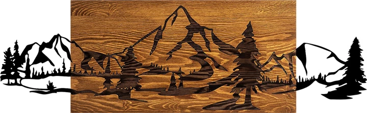 Dekor muri prej druri, peizazh malor, dru pishe, metal i zi, 95x3x30cm