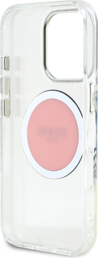 Mbështjellës Guess IML Metal Colored Circle Classic Logo MagSafe për iPhone 16 Pro, Rozë