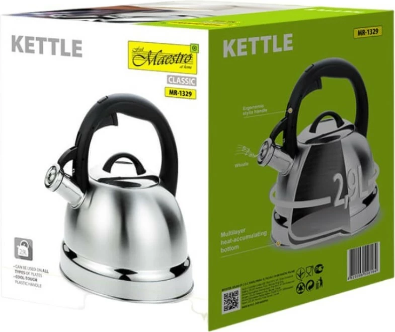 Çajnik klasik Feel-Maestro MR-1329, 2.9L, i zi/argjendtë, për të gjitha llojet e sobave