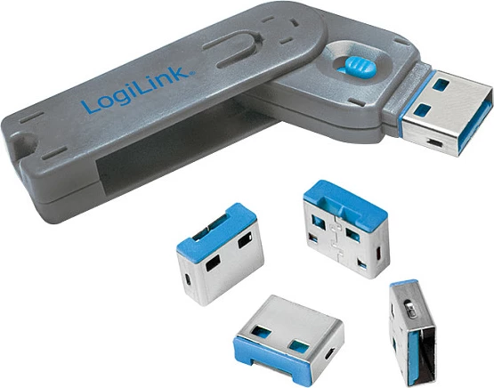 Bllokues porte USB-A LogiLink Port Blocker, 1 çelës + 4 bravë, gri/blu