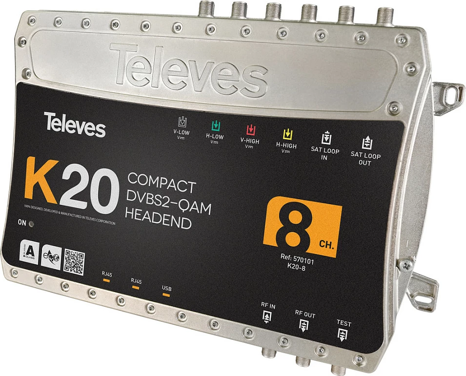 Headend digjital Televes K20-8, DVB-S2 në QAM, 8 kanale, 950-2150 MHz, 75Ω, zi/argjend