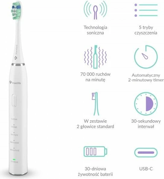 Furçë dhëmbësh elektrike TrueLife SonicBrush Clean30 Duo, e bardhë dhe e zezë, set prej 2 copë