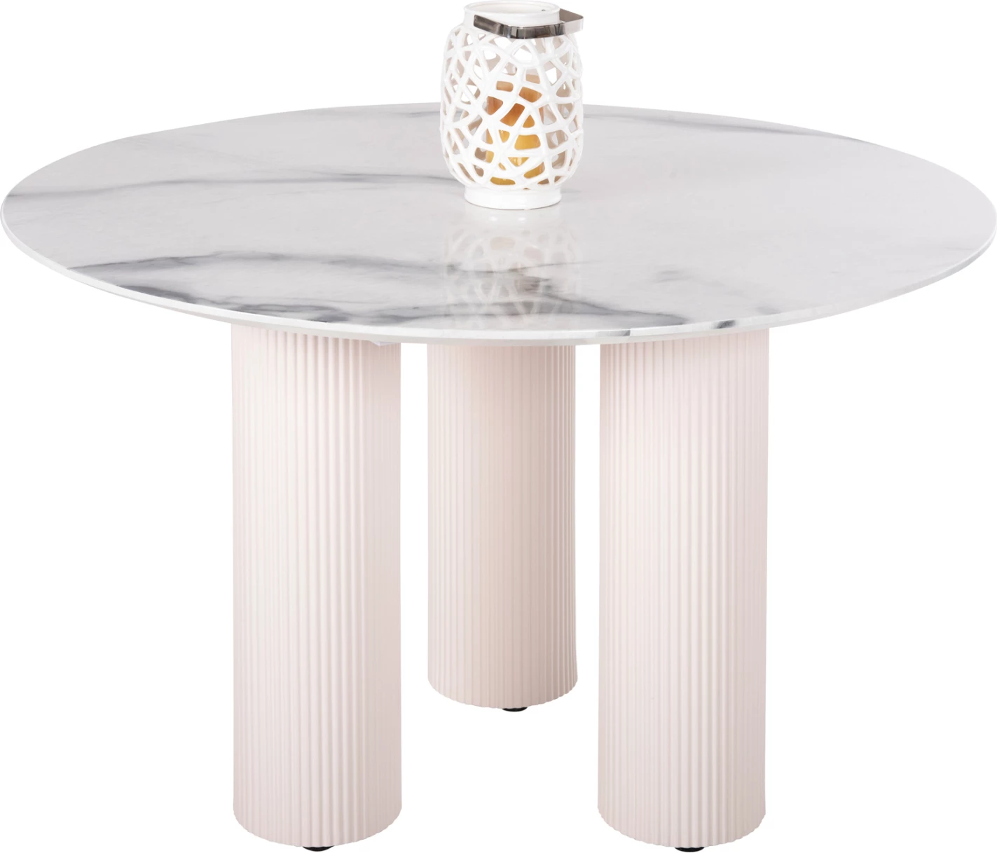 Tavolinë e rrumbullakët për ngrënie, DORIK, sipërfaqe tavoline mermeri të bardhë, MDF, këmbë MDF të bardha, Φ120x77H cm