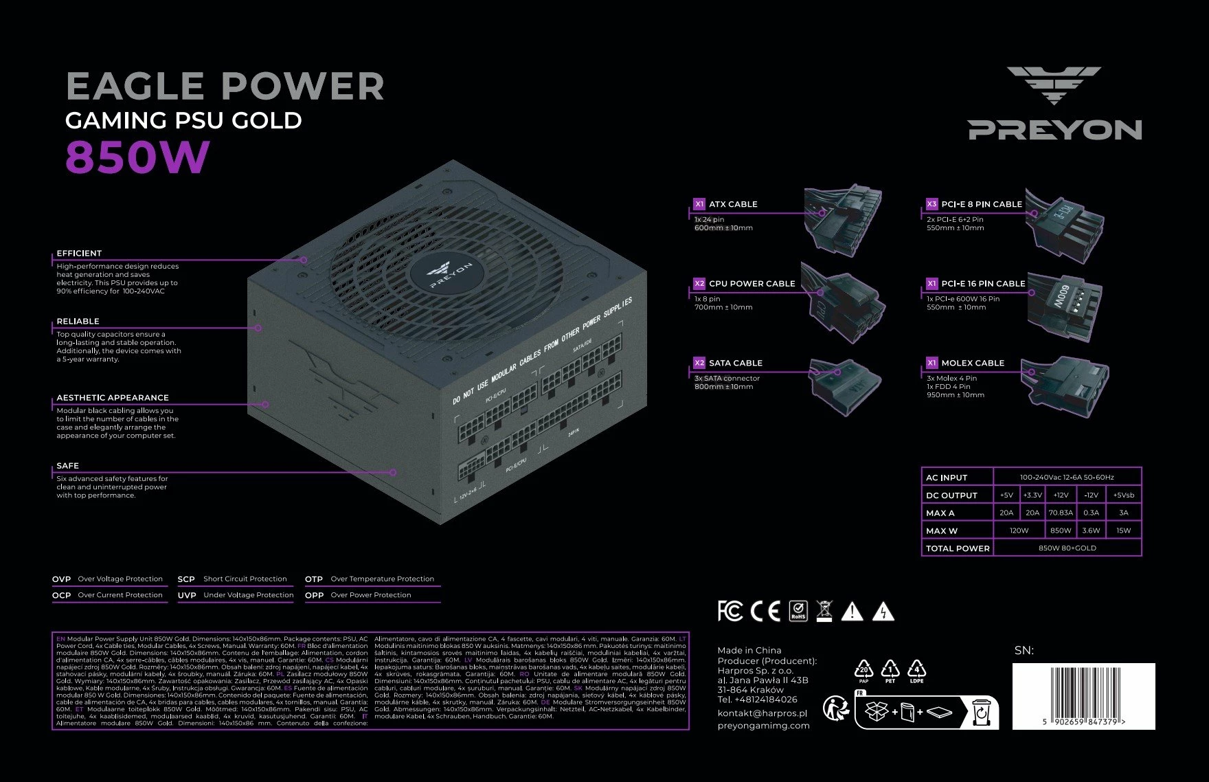 Furnizues energjie PC PREYON Eagle Power GOLD PEPG850W 850W, 80 Plus Gold, ATX 3.1, plotësisht modular, i zi