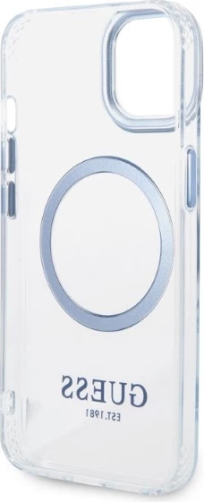 Mbështjellës Guess Metal Outline MagSafe për iPhone 14 Plus/15 Plus, Kaltër/Transparent