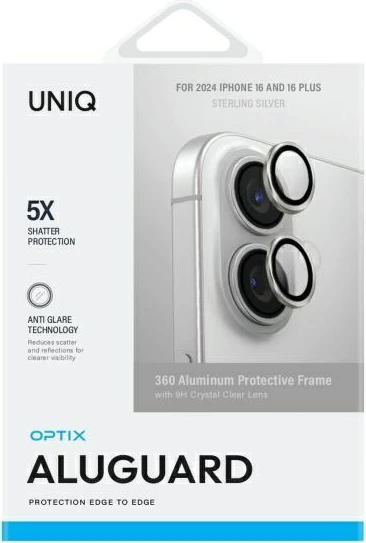 Mbrojtës lentash alumini UNIQ Optix për iPhone 16 / iPhone 16 Plus, Argjend