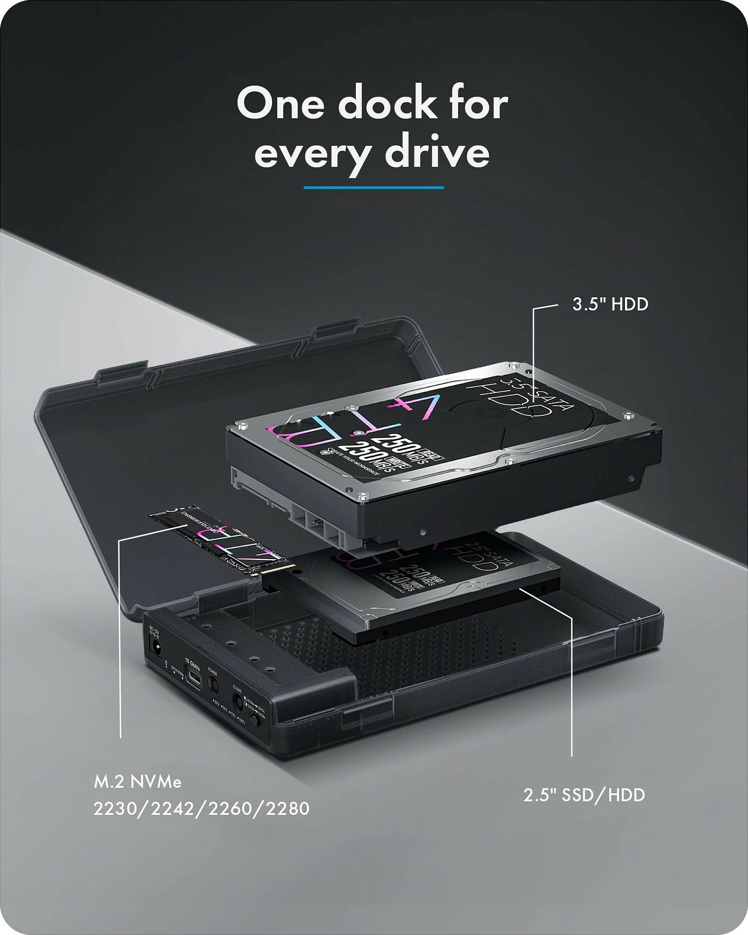Docking/Klon stacion ICY BOX, për M.2 NVMe dhe 2.5/3.5" SATA SSD/HDD, i zi