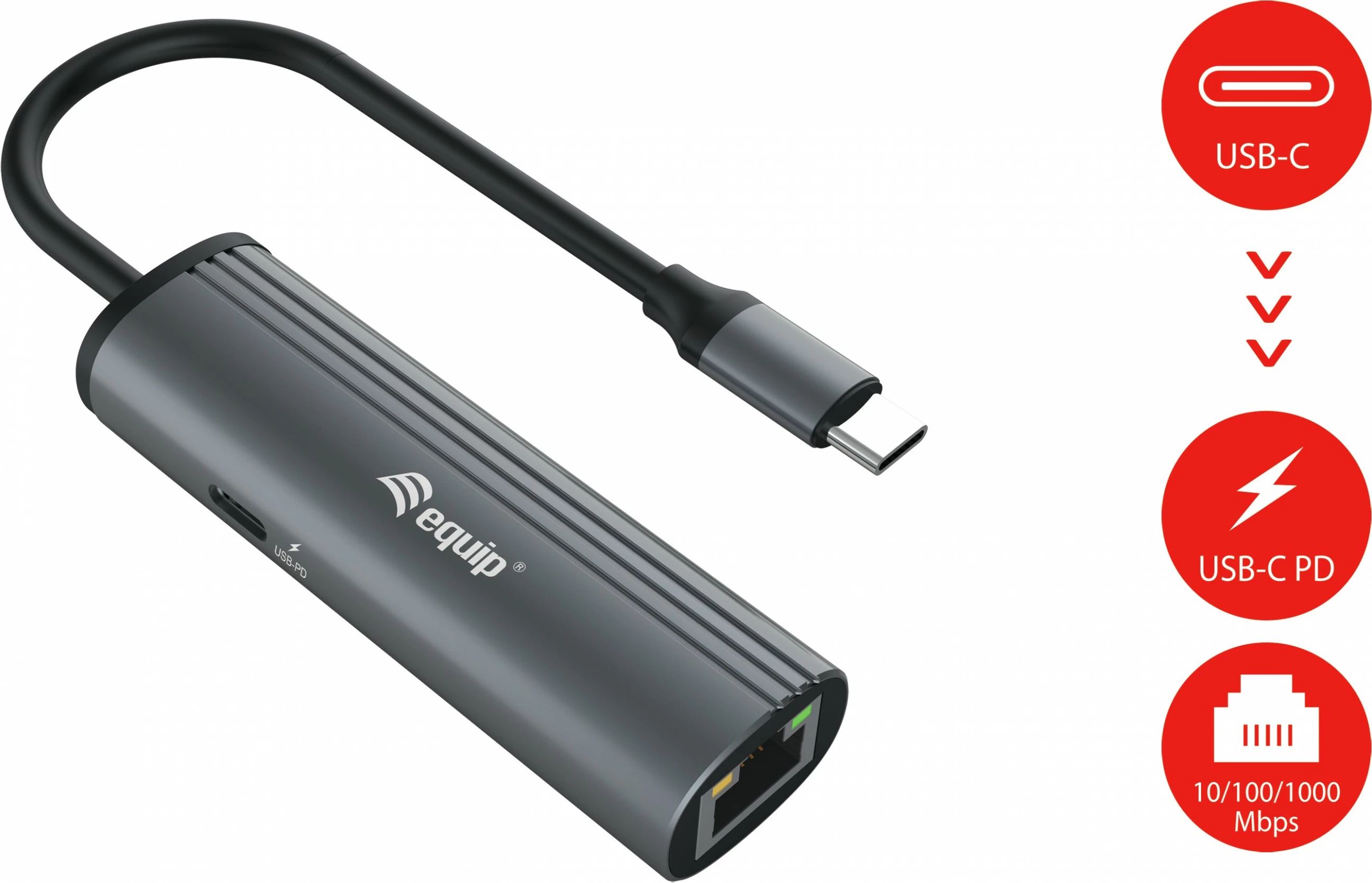 Adapter USB-C në RJ45 Gigabit me Power Delivery 100W, Equip, i zi/gri