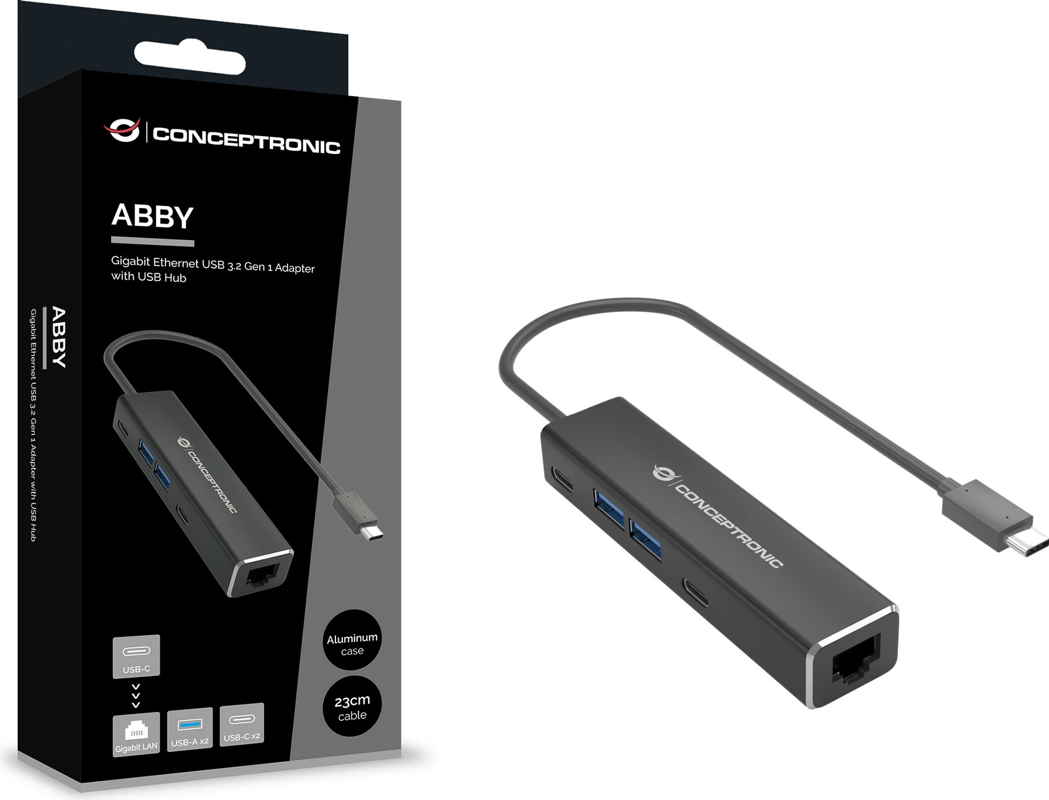 Adapter Ethernet USB-C Conceptronic ABBY14B, 2.5GbE, USB hub 2x USB-A 2x USB-C, gri