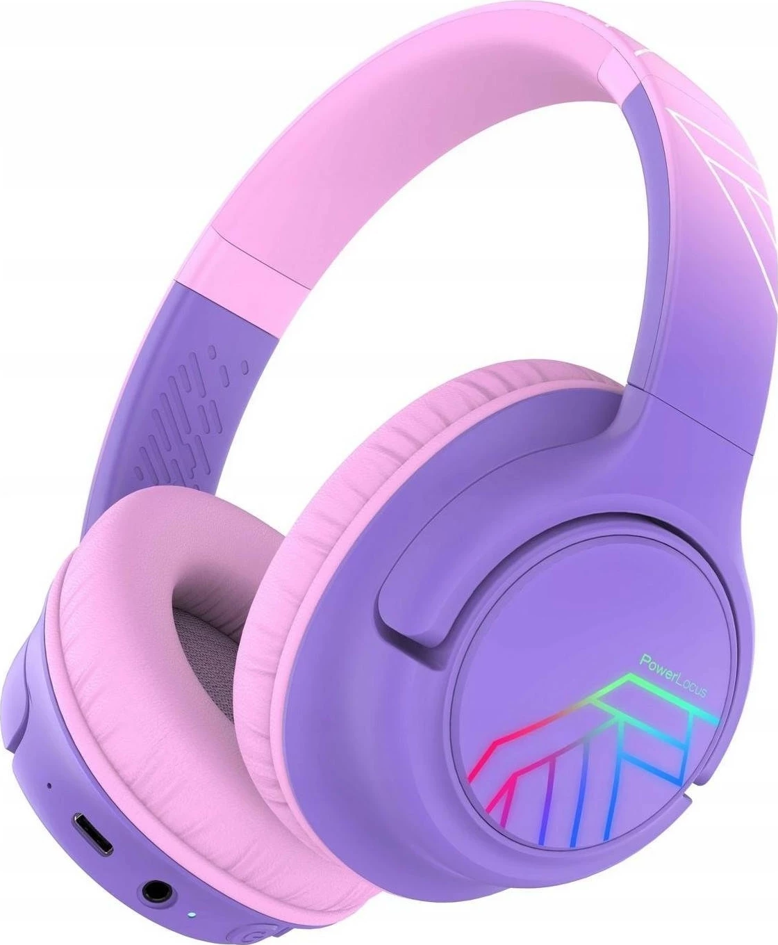 Kufje PowerLocus Bobo Kids, wireless Bluetooth 5.3, LED, AUX 3.5mm, USB-C, për fëmijë, vjollcë