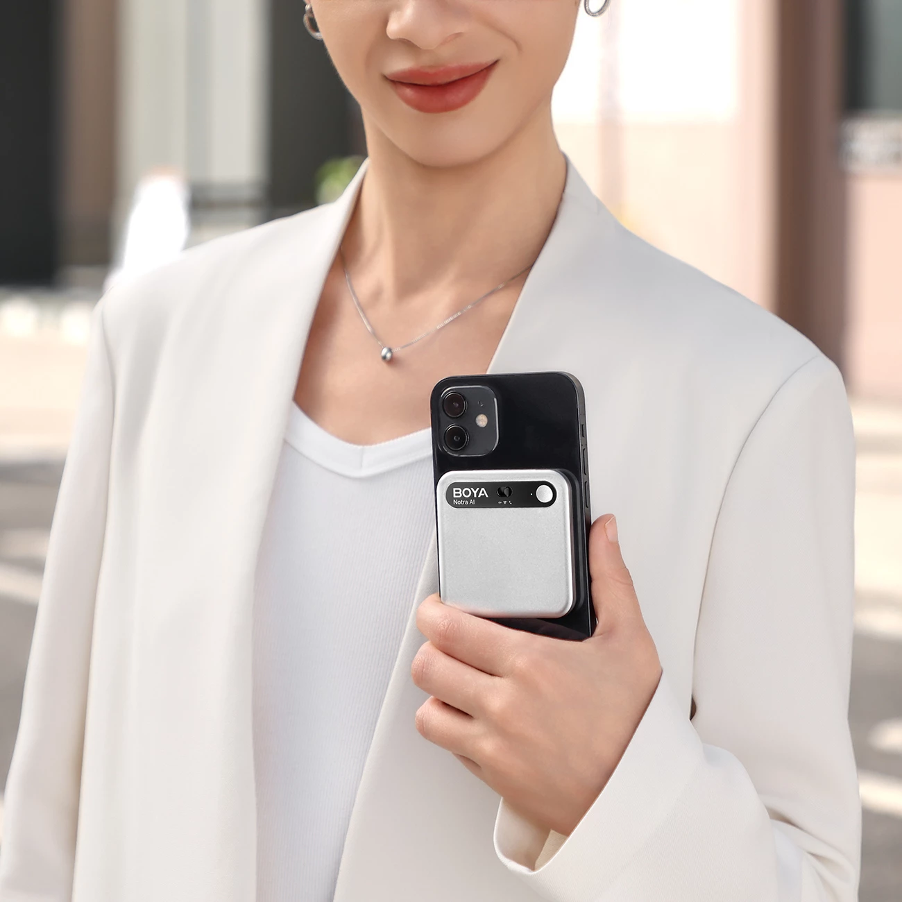 Regjistrues zëri BOYA Notra AI 64GB, USB-C/Bluetooth/Wi‑Fi, 24h, argjendtë